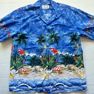 KYs Hawaiian Shirt Mens Size XL Macaw Parrots Beach Palm Trees Vintage USA‎